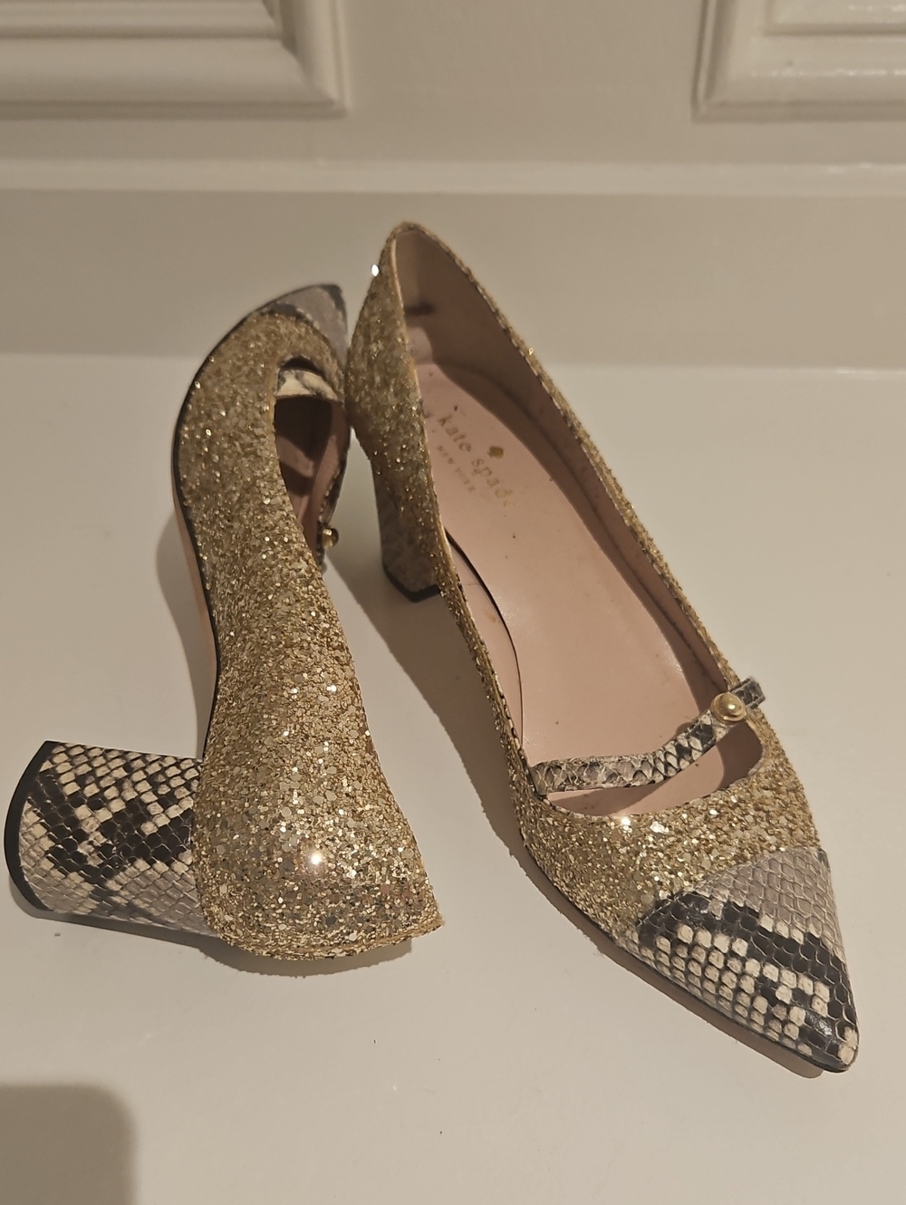 kate spade Gold Glitter Mary Jane Pumps with Snakeskin Toe and Heel - 8 M